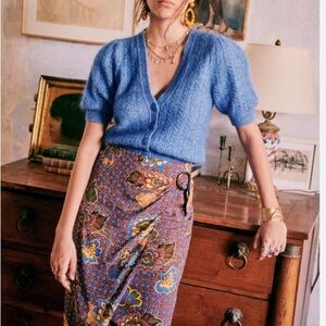 Sezane Blue and Brown Floral Pencil Skirt